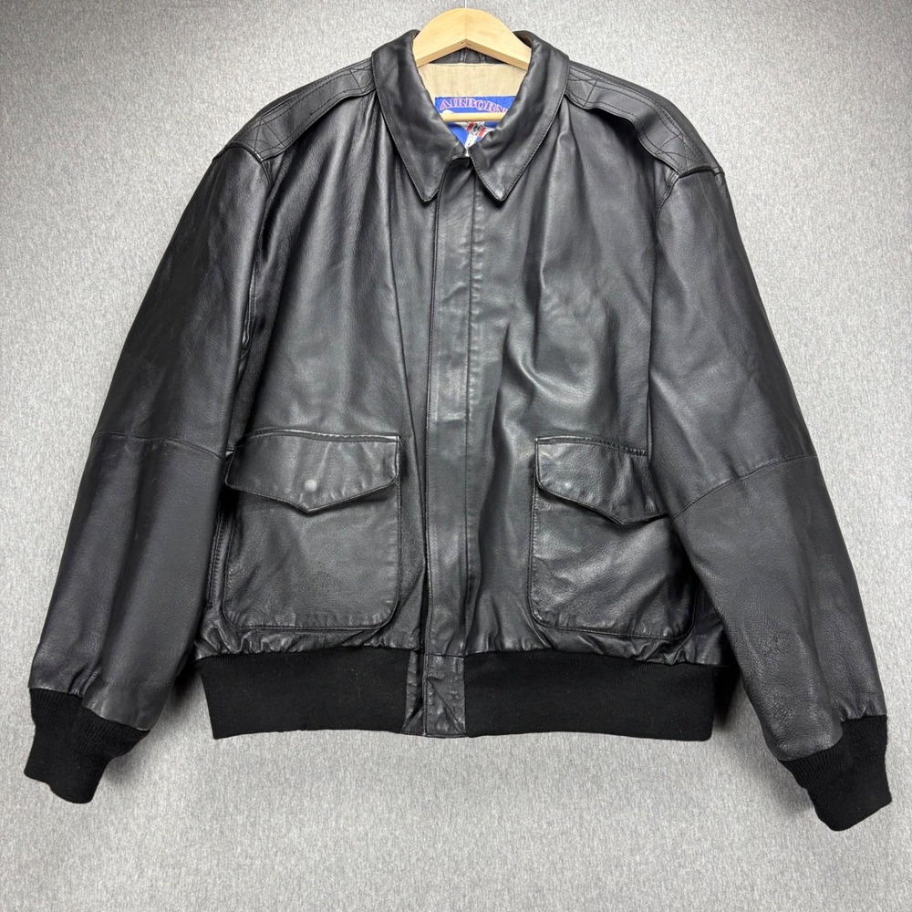 Vintage‎ AIRBORNE Leather Jacket Black Bomber Patch Pockets Flight Coat USA 100%